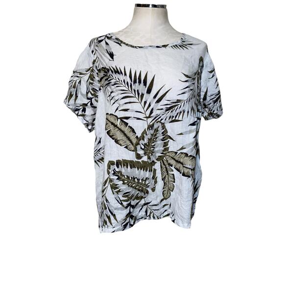 C&C California White Tropical Leaf Print Linen Short Sleeve Blouse Plus Size 1X - Picture 1 of 7